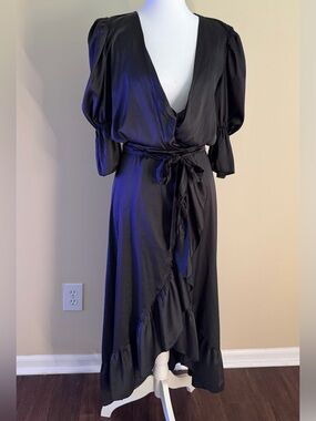 Black Wrap Midi Silk Dress with Puff Sleeves